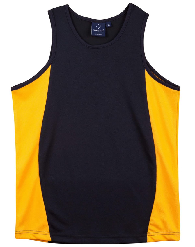A men's singlet featuring black and orange contrast panels, with a logo on the inside tag.