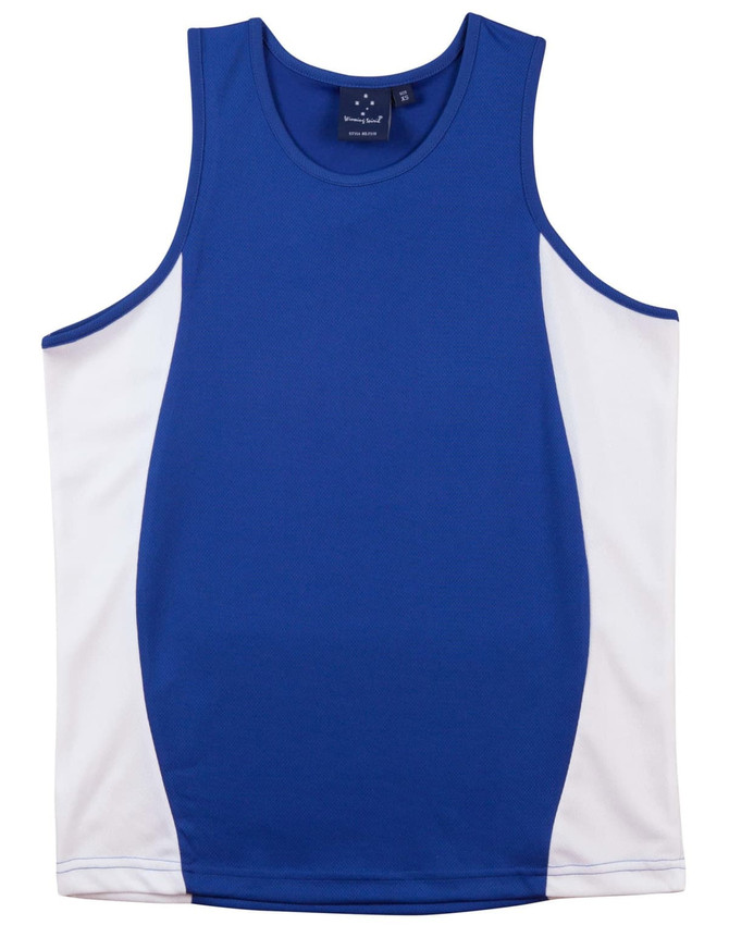 A blue and white men's singlet featuring contrast mesh panels and a logo.