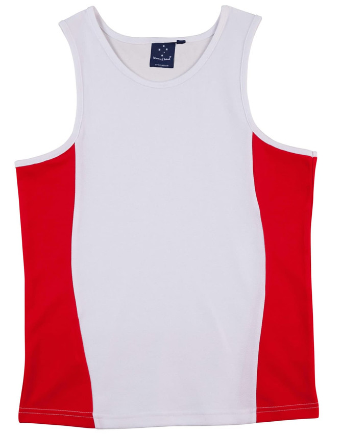 A red and white men's singlet with a mesh design, featuring a logo on the neckline.