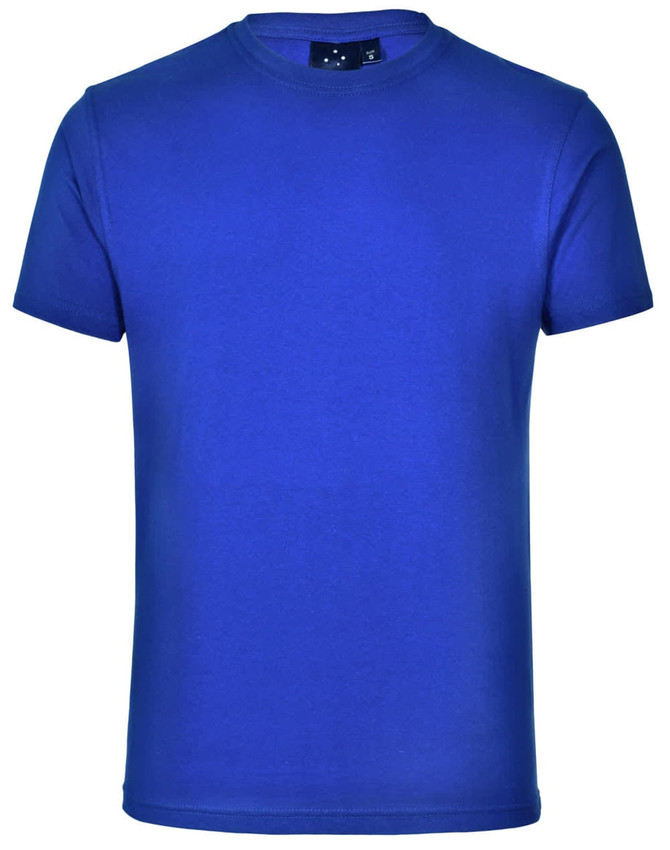 A blue unisex cotton T-shirt with short sleeves and a round neckline, featuring a logo.