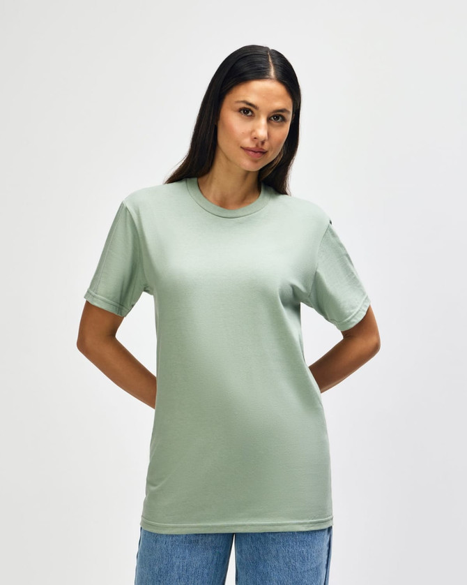 A midweight adult t-shirt in a green colour, featuring a simple design and a logo on the front.