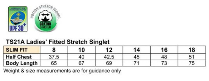 Ladies' fitted stretch singlet in a slim fit, featuring cotton stretch fabric, available in various sizes.