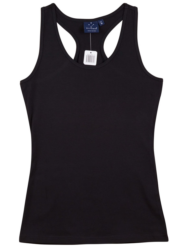 A black ladies' fitted stretch singlet featuring a racerback design and a tag.