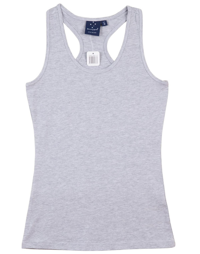 A light grey ladies' fitted stretch singlet with a racerback design and a logo on the label.