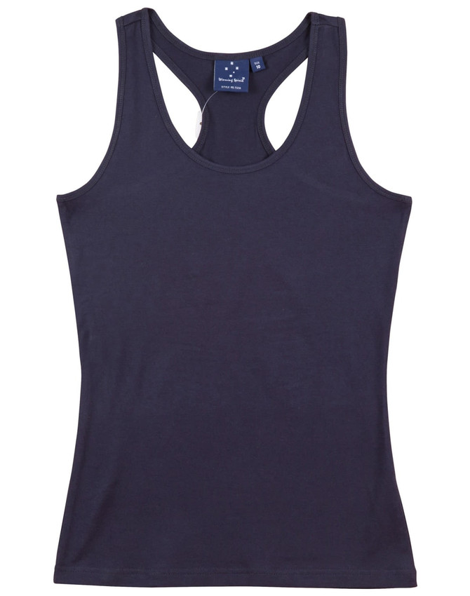A fitted stretch singlet in navy blue with a racerback design and a small tag inside.
