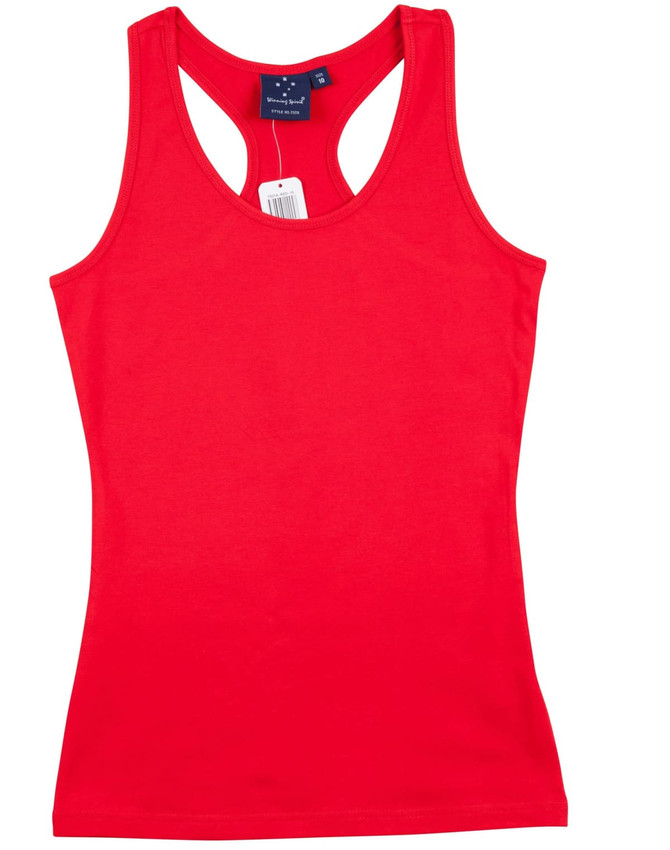 A red ladies' fitted stretch singlet with a racerback design and attached tag.