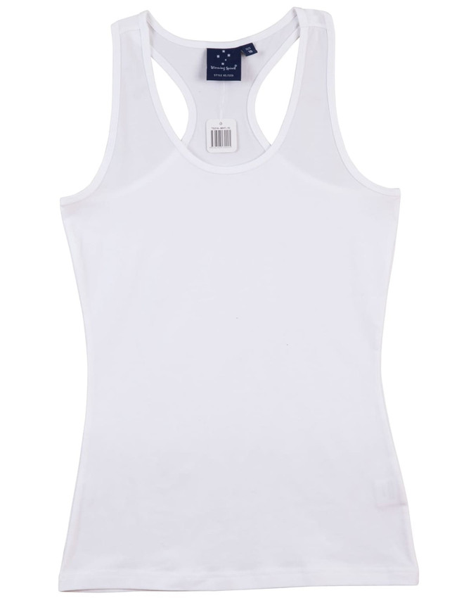 A white ladies' fitted stretch singlet with a racerback design and a logo on the tag.