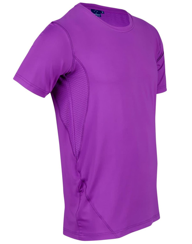 A purple Men's Cooldry Stretch Tee with mesh side panels and a logo on the front.