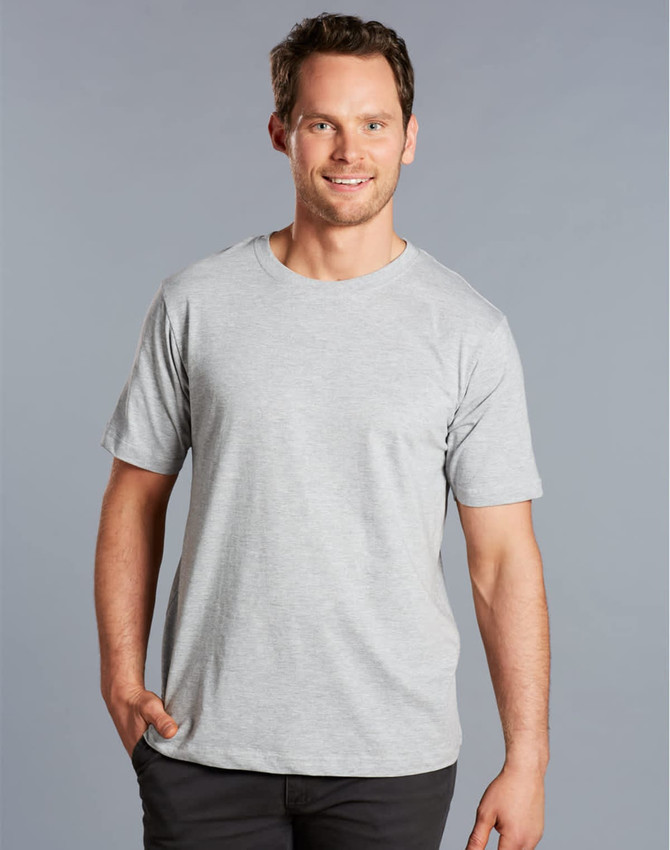 A light grey men's cotton semi-fitted T-shirt with short sleeves and a simple design, featuring a logo.