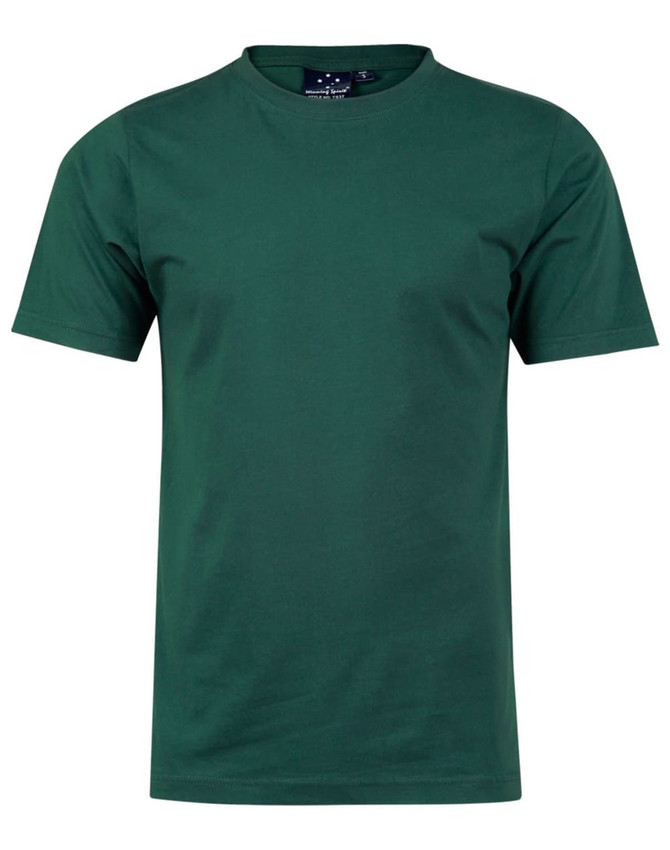 A green men's cotton semi-fitted tee, featuring short sleeves and a crew neckline. It has a logo on the tag.