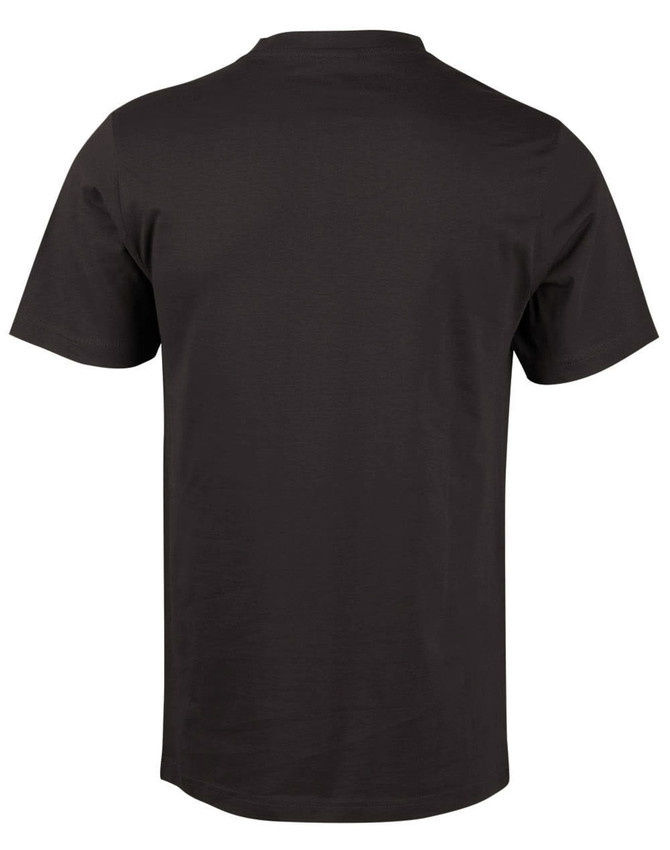 A black men's cotton semi-fitted t-shirt, featuring short sleeves and a simple design, with a logo on the back.