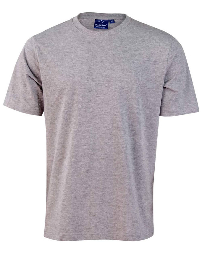 A grey men's cotton semi-fitted tee featuring short sleeves and a crew neck, with a label inside.