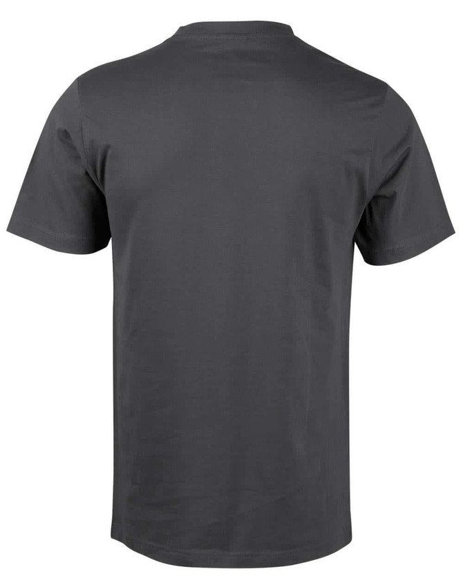 A grey kid's cotton semi-fitted tee with short sleeves and a plain back design. It features a brand logo.