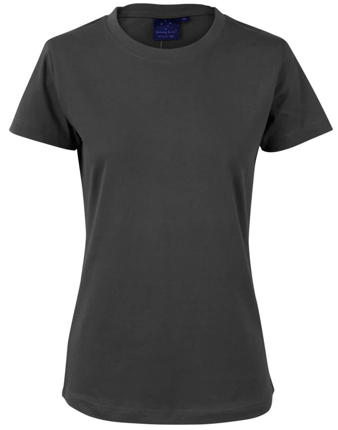 A ladies' semi-fitted tee in dark grey, featuring short sleeves and a round neckline. It has a logo on the label.