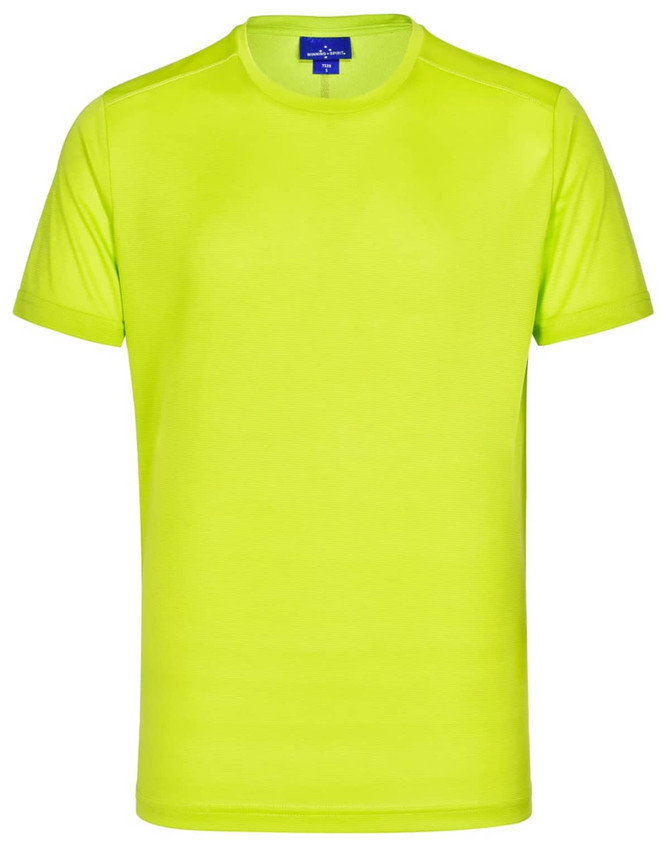 A bright lime green men's short-sleeve performance T-shirt with a logo.