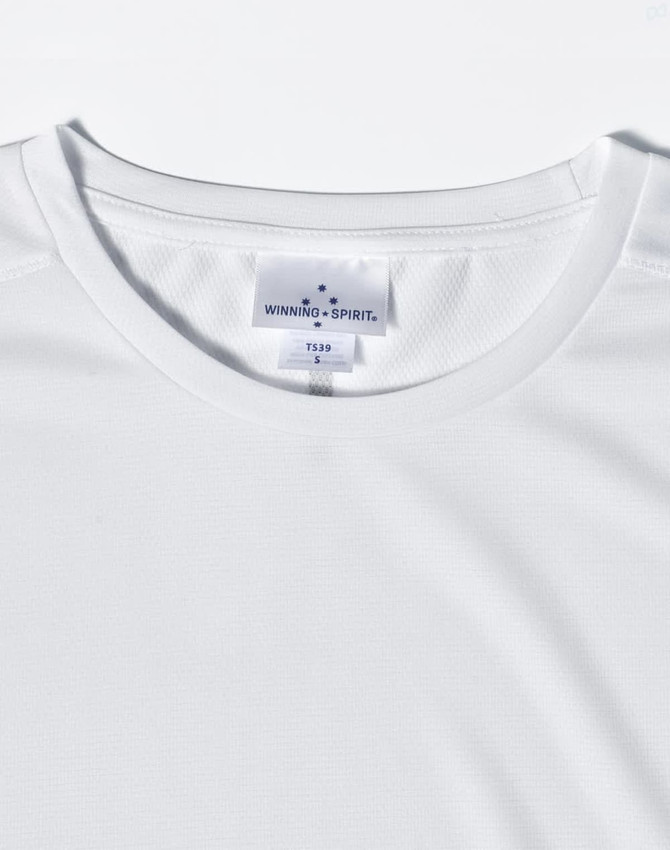A white men's short sleeve performance T-shirt with a branded label on the neckline.