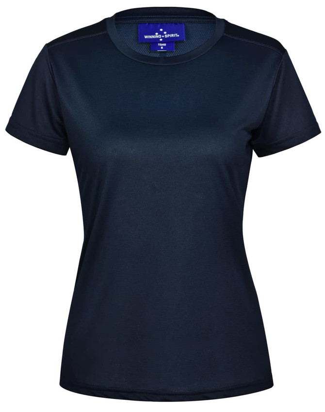 A navy blue ladies' short sleeve performance t-shirt featuring a logo on the neckline.