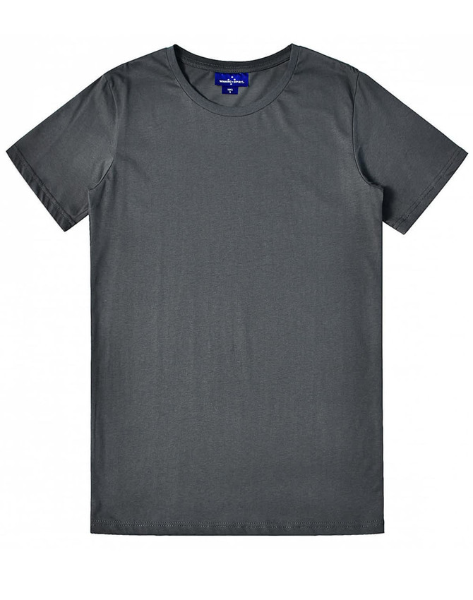 A grey men's premium cotton T-shirt with a crew neckline and short sleeves. It features a logo on the label.
