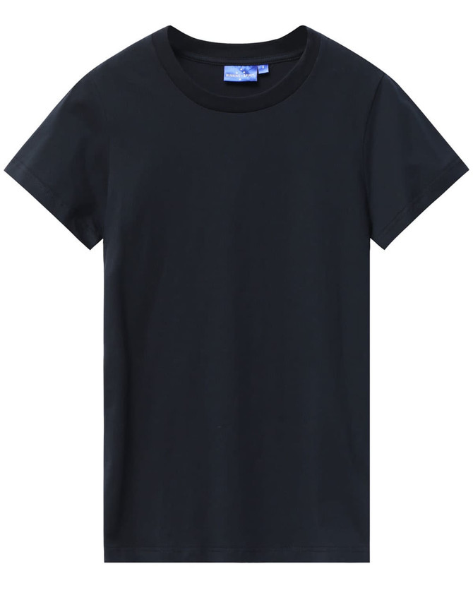 A dark navy ladies' premium cotton tee with a classic crew neckline and short sleeves. Features a brand logo.