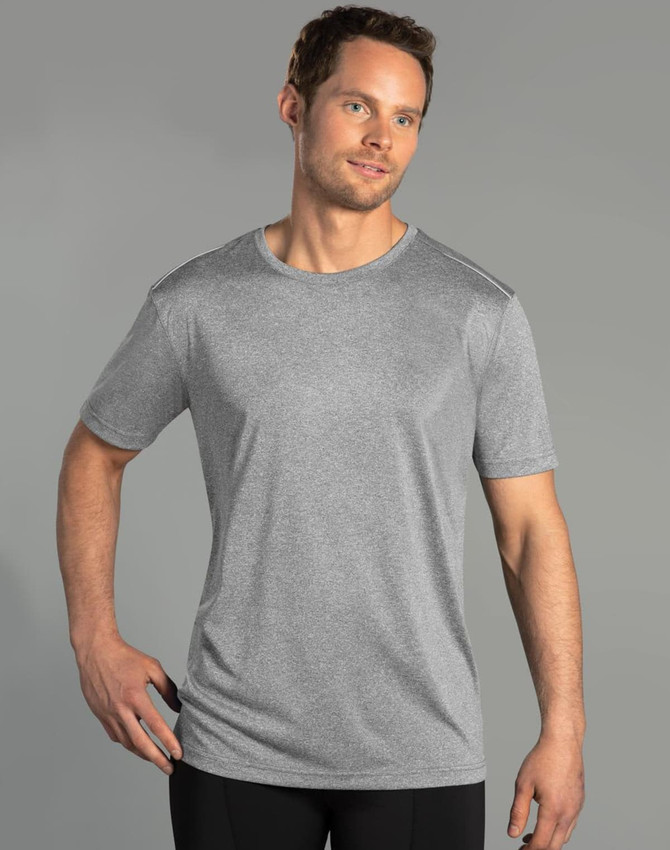 A grey short sleeve tee for men, featuring a subtle logo and a sleek, lightweight design.