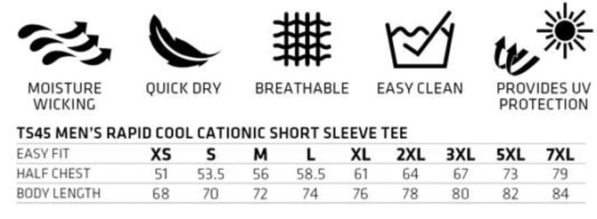 Promotional design for a Men's Ultra Dry Cationic Short Sleeve Tee, featuring icons representing moisture-wicking, breathability, and UV protection.