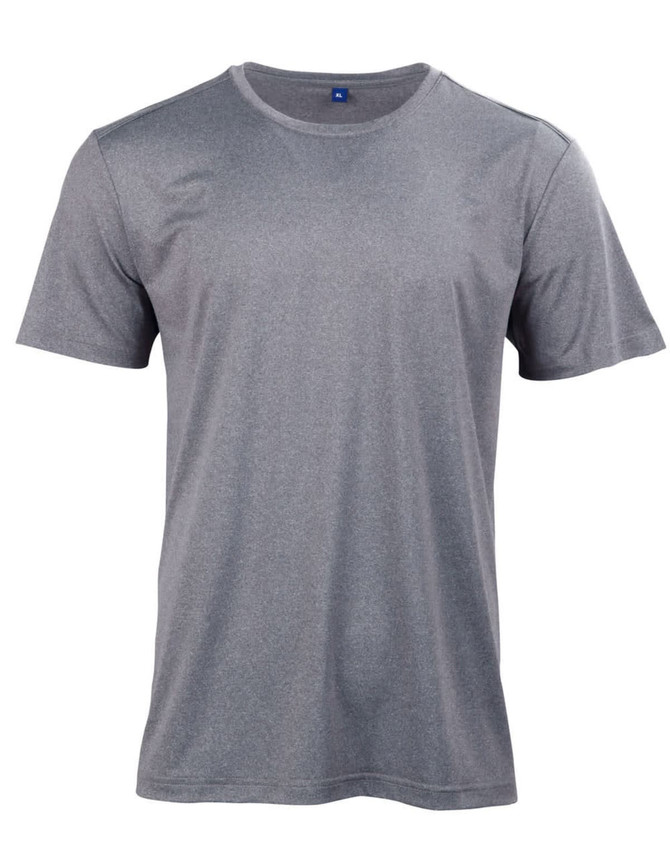 A grey short sleeve tee made from ultra-dry fabric with a logo on the neckline.