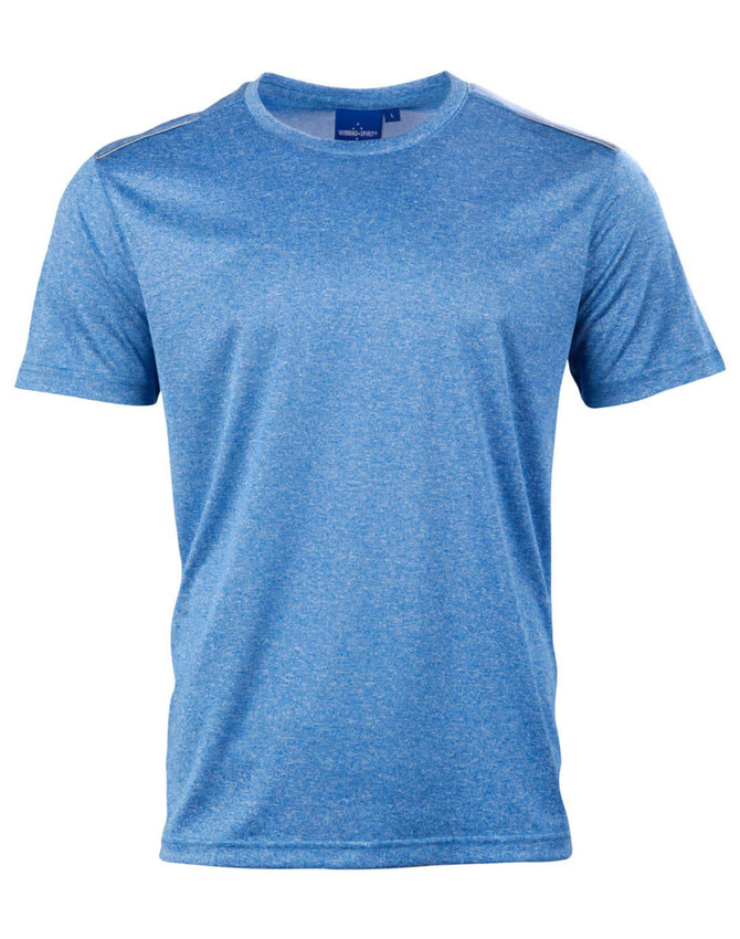 A blue short sleeve tee with a textured design and a logo on the label.