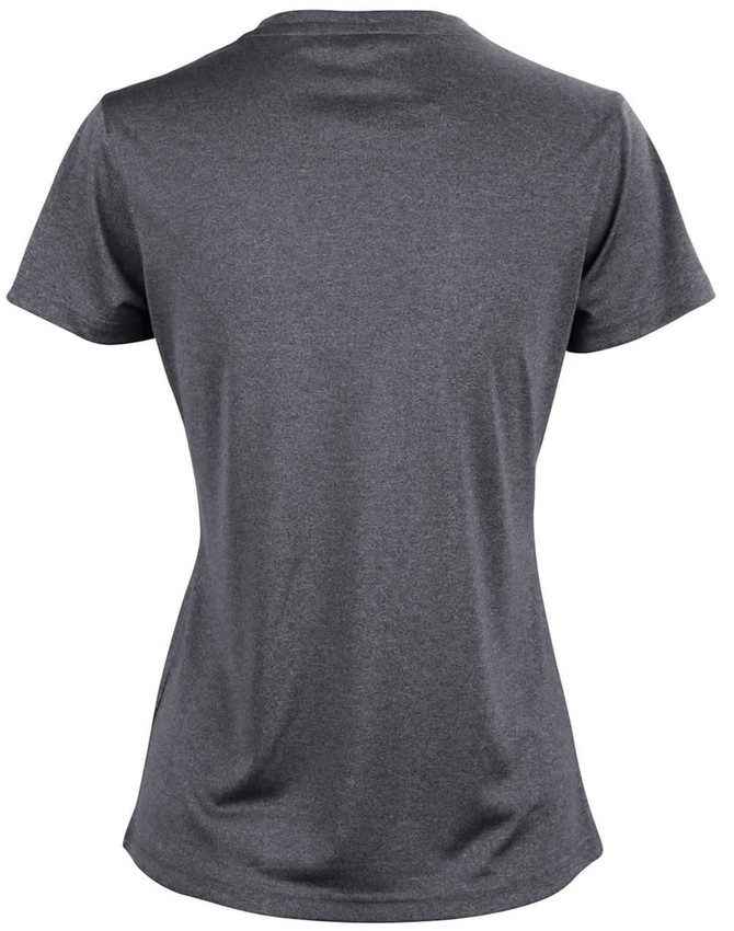 A grey short sleeve tee with a fitted design and a logo on the back.