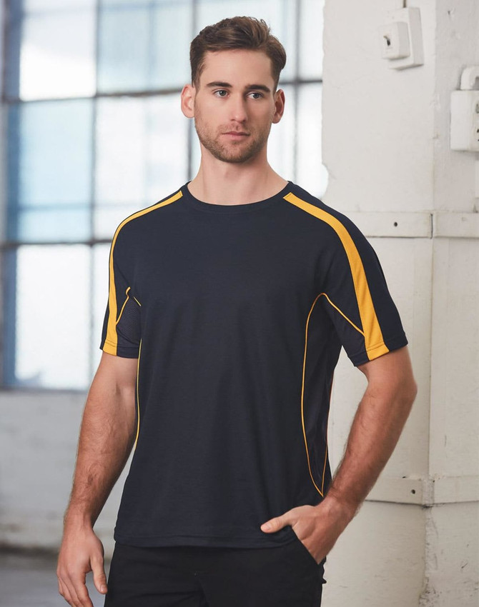 Men's Truedry S/S T-shirt in black with yellow accents, featuring a logo and a sporty design.