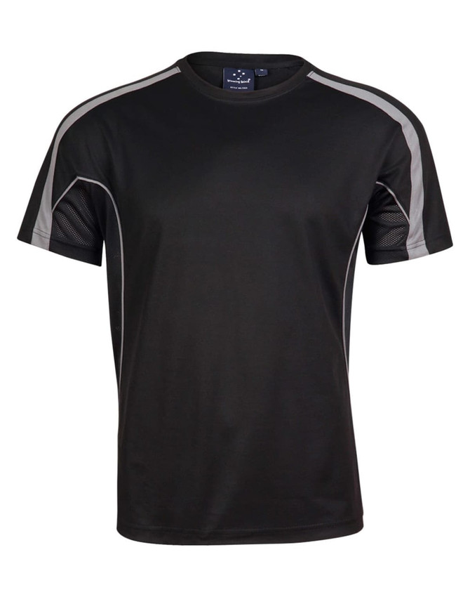 A black short-sleeve t-shirt featuring mesh panels and contrasting grey accents, with a label inside.