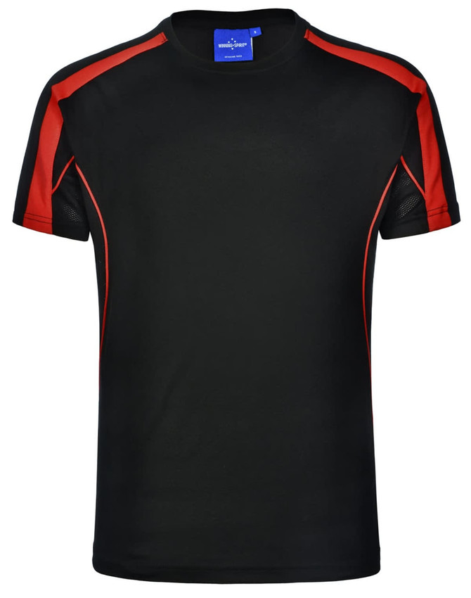 A black T-shirt with red accents and short sleeves, featuring a logo on the collar.