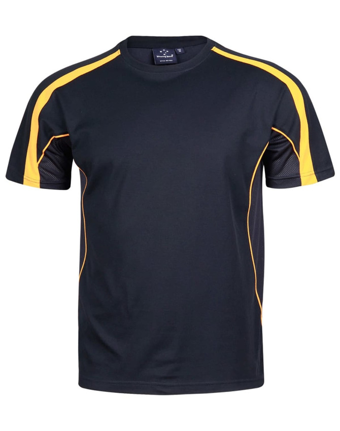 A black T-shirt with yellow accents and mesh panels. The shirt features a logo on the neckline.