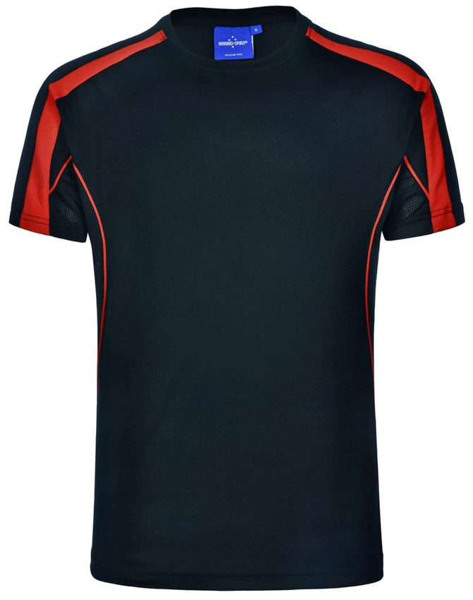 A black short-sleeve T-shirt with red accents and a logo on the neckline. 