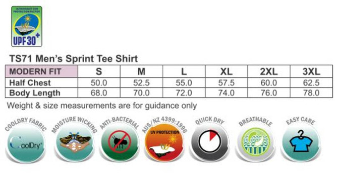 A chart displaying size measurements for a men's sprint tee shirt, featuring a modern fit, in various sizes.
