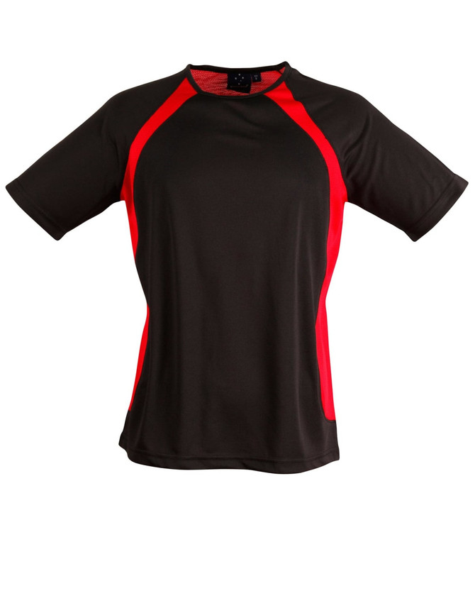 A black and red men's t-shirt with short sleeves and a sporty design, featuring a logo on the chest.