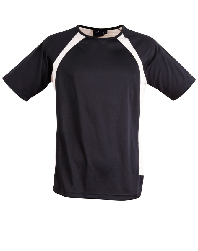 A men's short-sleeve tee shirt in navy with cream side panels. Features a logo on the collar.