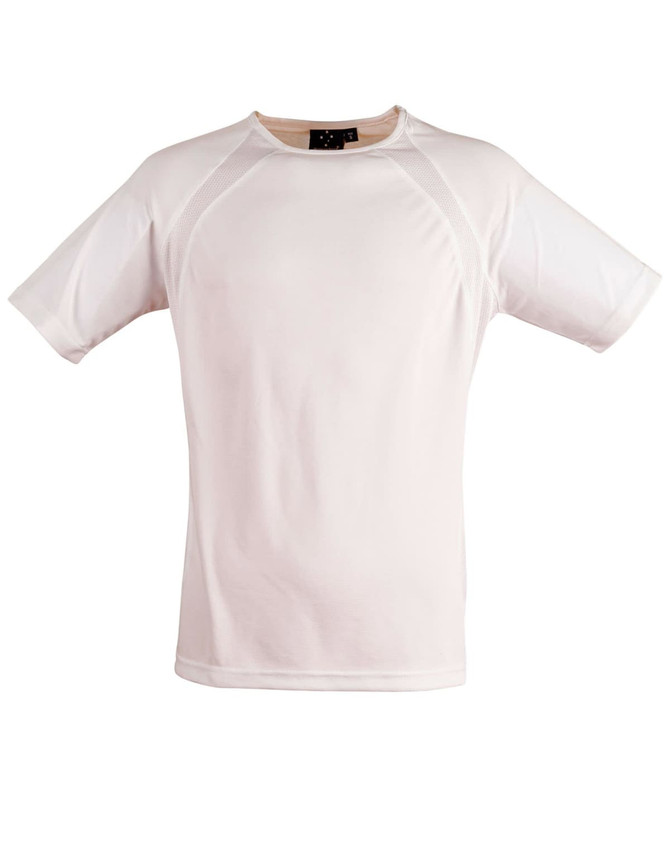 A light-coloured men's t-shirt with short sleeves and mesh detail. It features a branding logo on the neck label.