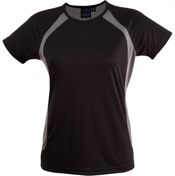 A black ladies' T-shirt with mesh detailing on the sides, featuring a logo on the neckline.