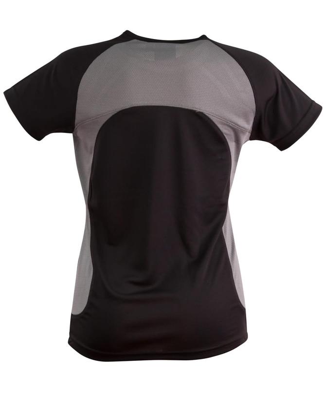 A black and grey ladies' t-shirt featuring a sleek design and mesh panels for breathability.