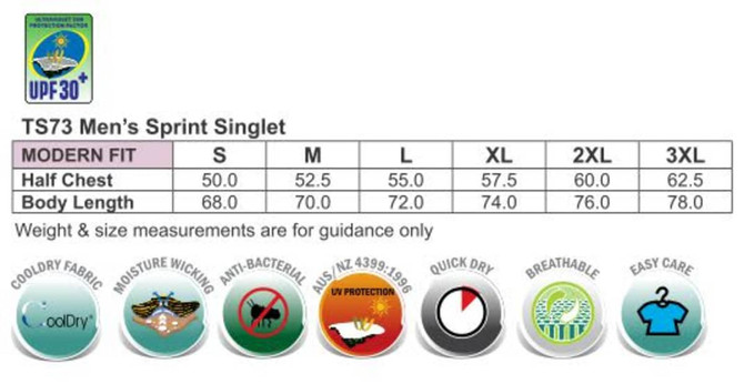 A data table detailing sizes and measurements for a Men's Sprint Singlet, featuring a fabric description and icons for its properties.