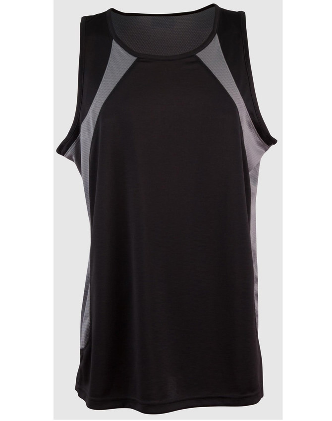 A black men's sprint singlet with grey mesh panels and a logo. Features a sleeveless design for active wear.