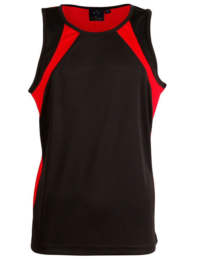 A black and red men's sprint singlet featuring a contrasting design and a logo on the chest.