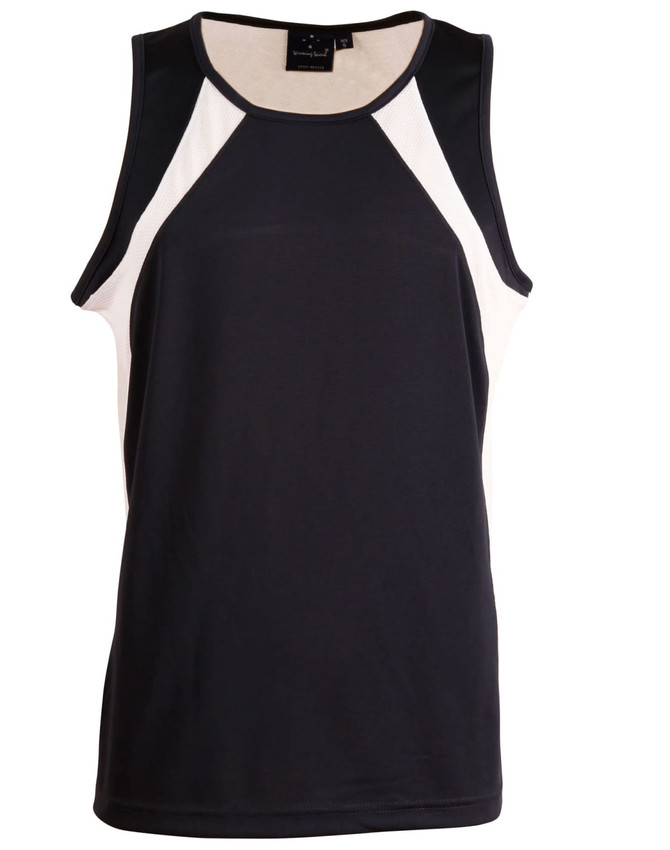 A men's sprint singlet in black with white mesh detailing, featuring a logo on the upper label.