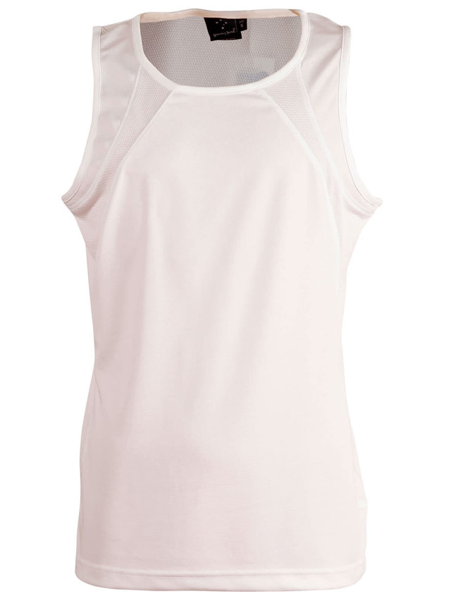 A white men's sprint singlet with a mesh design and a logo.