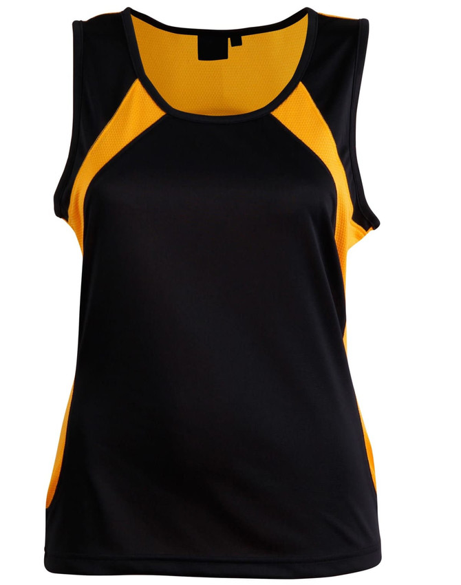 A black and yellow women's sprint singlet with a mesh design, featuring a logo on the front.