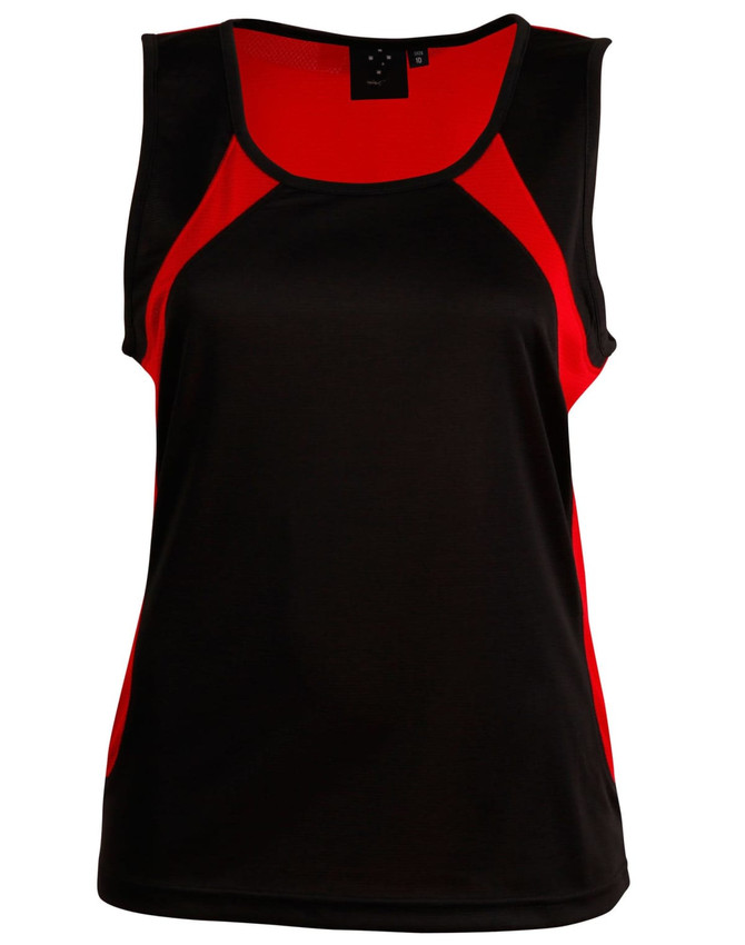 A black and red ladies' sprint singlet featuring a logo, designed with a sporty look and comfortable fit.