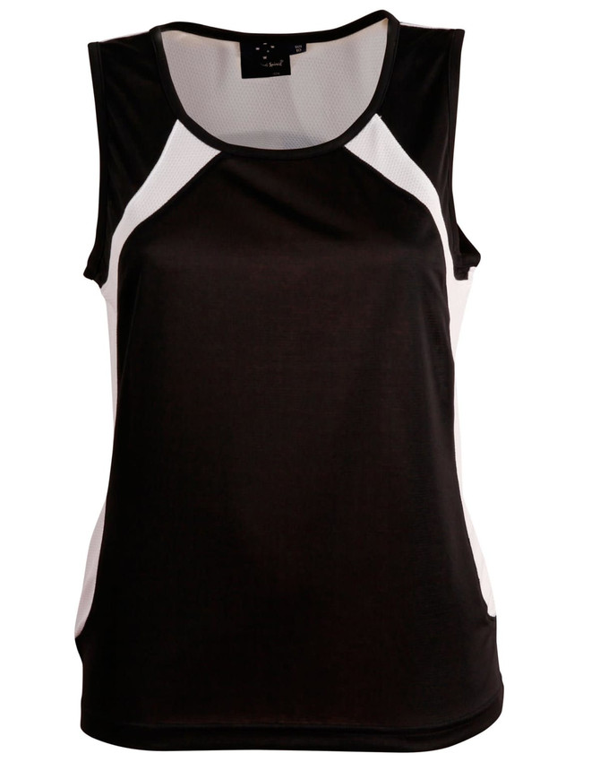 A black and white ladies' sprint singlet featuring a sporty design and a logo on the label.