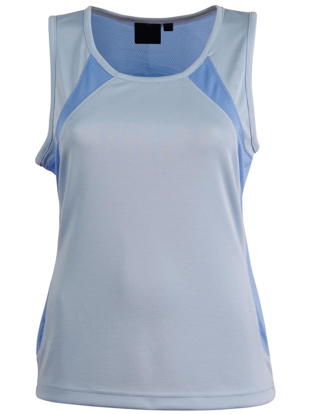 A light blue ladies' singlet with mesh detailing on the sides and a black label at the neckline.