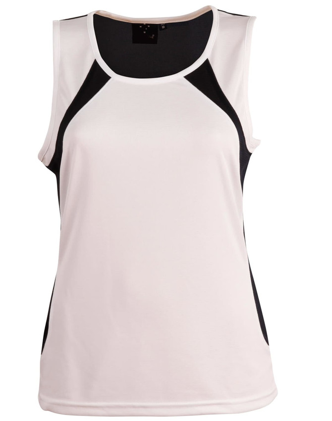 A sleeveless singlet featuring a white body with black accents and a logo on the upper back.