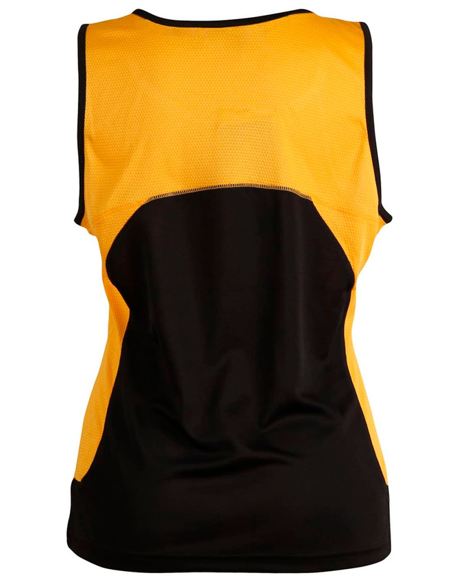 A yellow and black ladies' sprint singlet featuring a mesh design and a logo on the back.